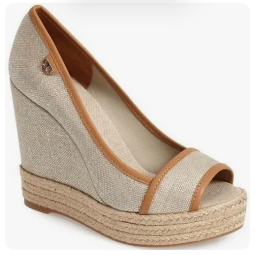 Tory Burch Natural Canvas Espadrille Wedge with Tan Trim